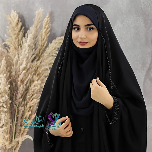 مقنعه چانه دار کرپ کره سورمه ای