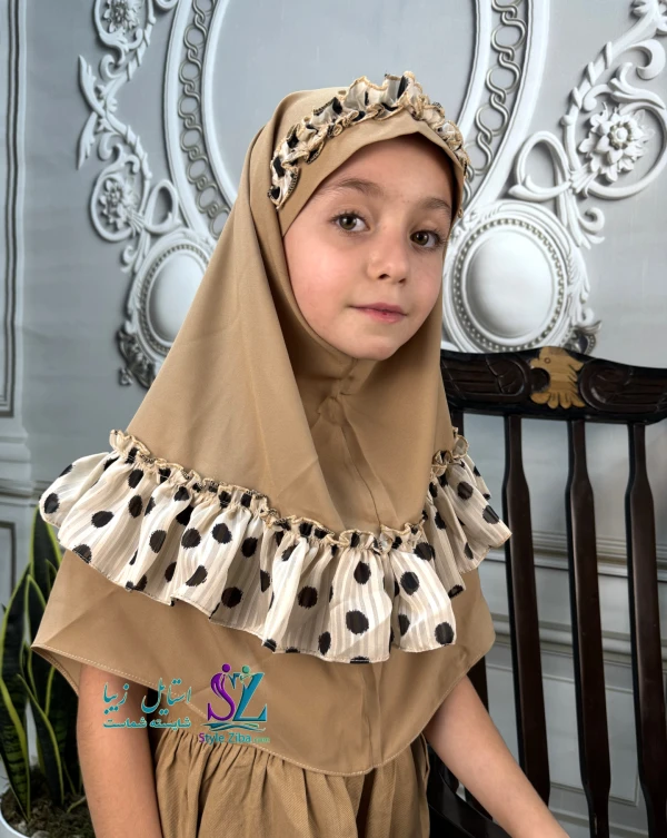 مقنعه چین دار بچگانه ژورژت خاکی (طرح 2)