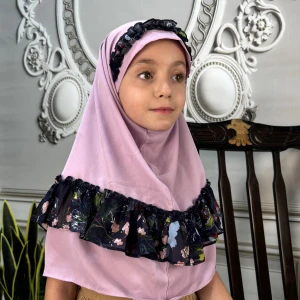 مقنعه چین دار بچگانه ژورژت صورتی (طرح 1)