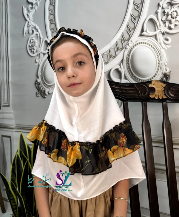 مقنعه چین دار بچگانه ژورژت سفید (طرح 1)