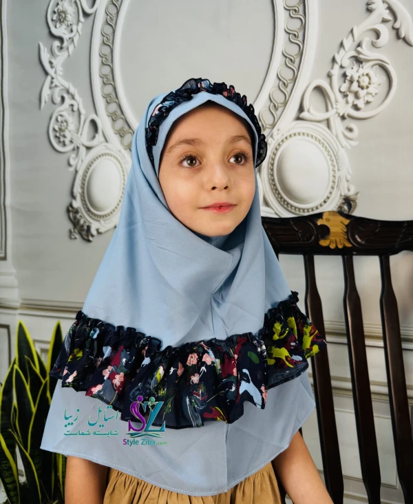مقنعه چین دار بچگانه ژورژت آبی (طرح 1)