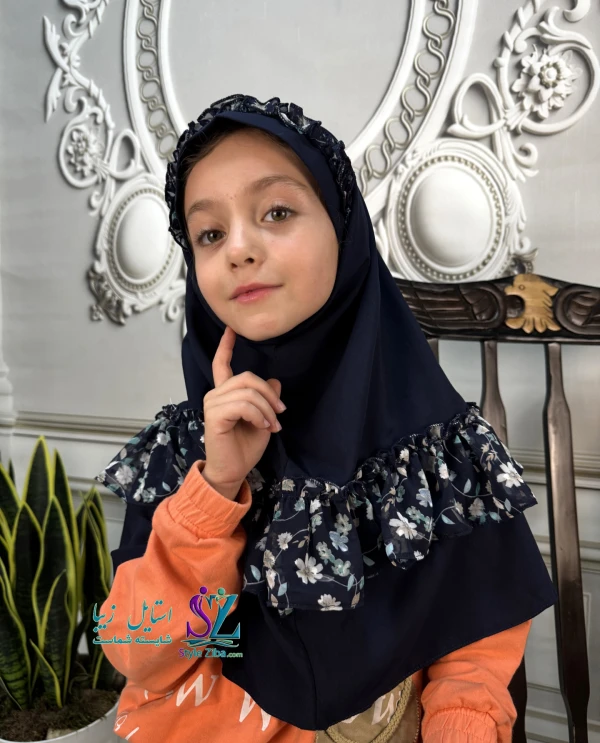 مقنعه چین دار بچگانه ژورژت سورمه ای(طرح 1)