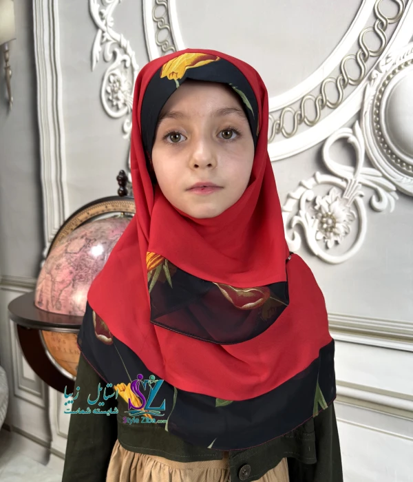 مقنعه دکمه دار بچگانه قرمز(طرح1)