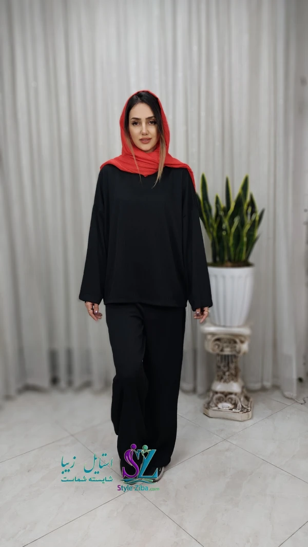 ست بلوز و شلوار زنانه  فیتیله ای مشکی