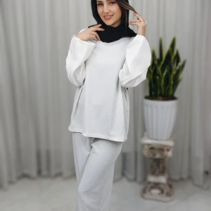 ست بلوز و شلوار زنانه  فیتیله ای شیری