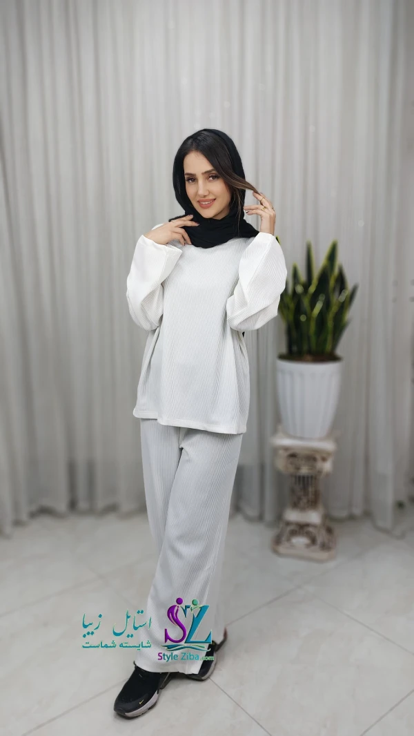 ست بلوز و شلوار زنانه  فیتیله ای شیری