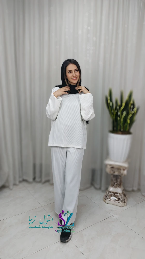 ست بلوز و شلوار زنانه  فیتیله ای شیری