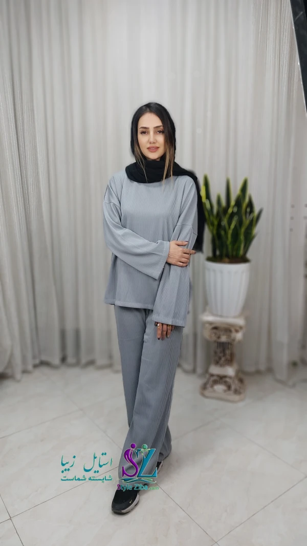 ست بلوز و شلوار زنانه فیتیله ای نقره ای