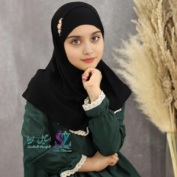 مقنعه دخترانه دو تیکه ویسکوز مشکی گلدوزی گلبهی (طرح1)